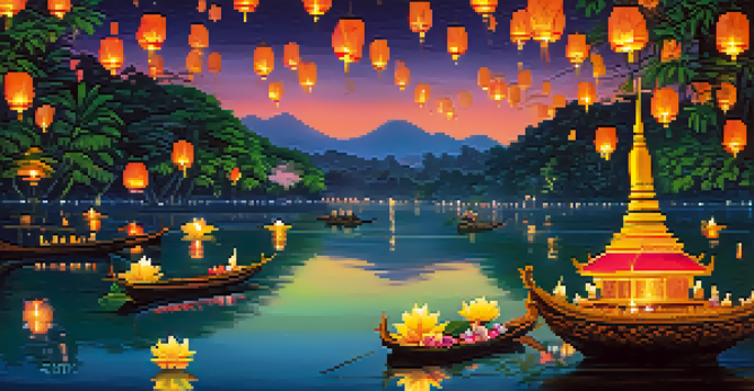 A peaceful night scene of the Loy Krathong festival with floating krathongs and lanterns lighting up the sky and water.