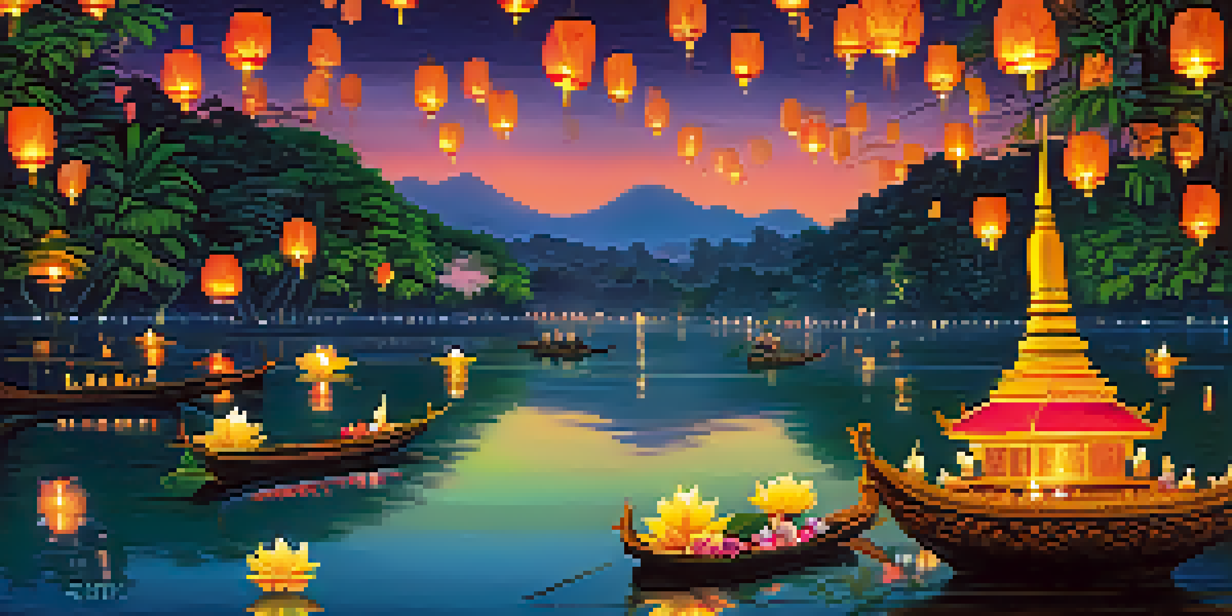 A peaceful night scene of the Loy Krathong festival with floating krathongs and lanterns lighting up the sky and water.
