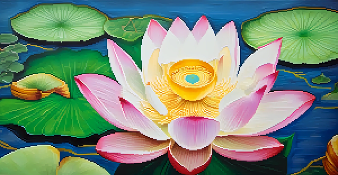 An intricately designed lotus flower representing purity, set against a background of traditional Thai art patterns.