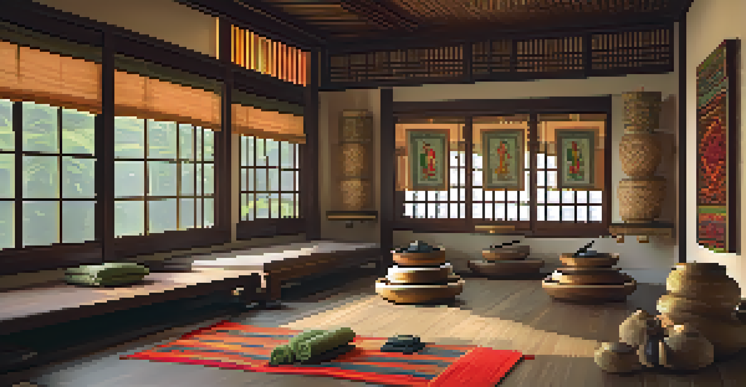 A vibrant Thai massage studio with traditional decor, colorful textiles, and natural light, showcasing a welcoming atmosphere for relaxation.