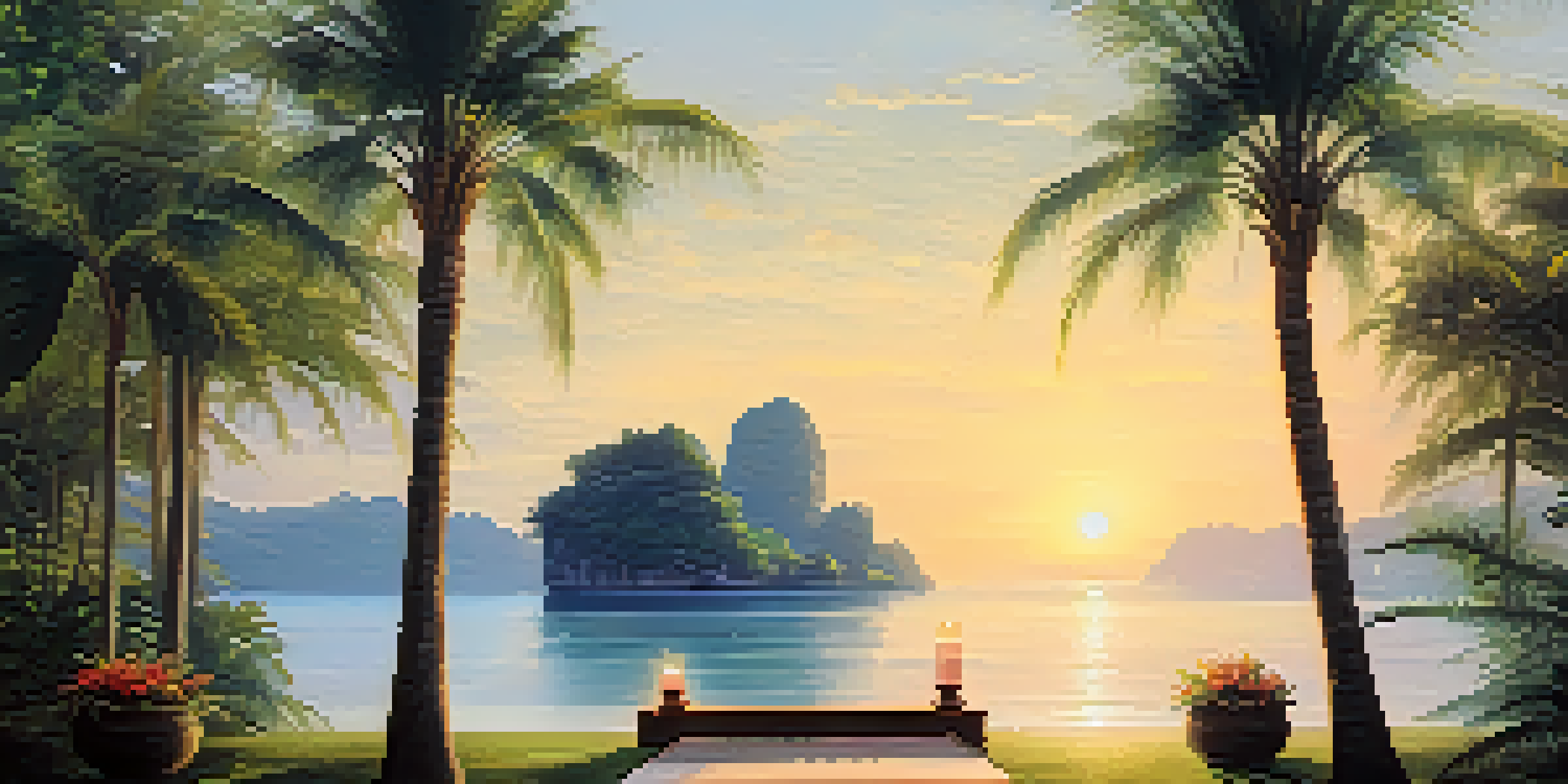 A peaceful wellness retreat in Thailand with an open-air yoga pavilion surrounded by lush greenery and a distant beach.