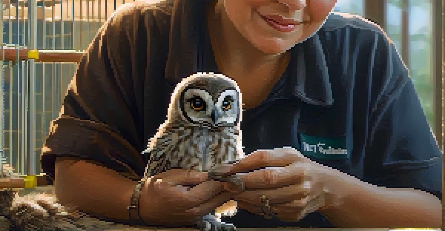 A close-up of a volunteer caring for a rescued baby owl in a rehabilitation center.