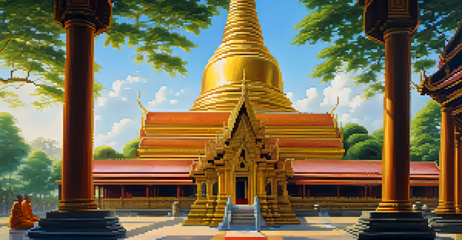 A peaceful Thai temple with monks meditating in the foreground, surrounded by greenery and bathed in morning light.