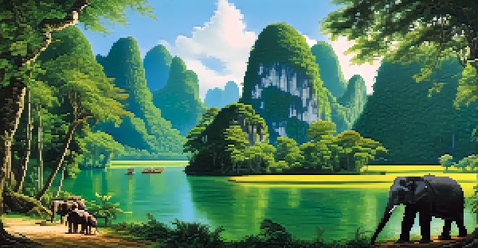 A tranquil landscape of Khao Sok National Park with lush rainforests, limestone cliffs, and wild elephants in a river setting.