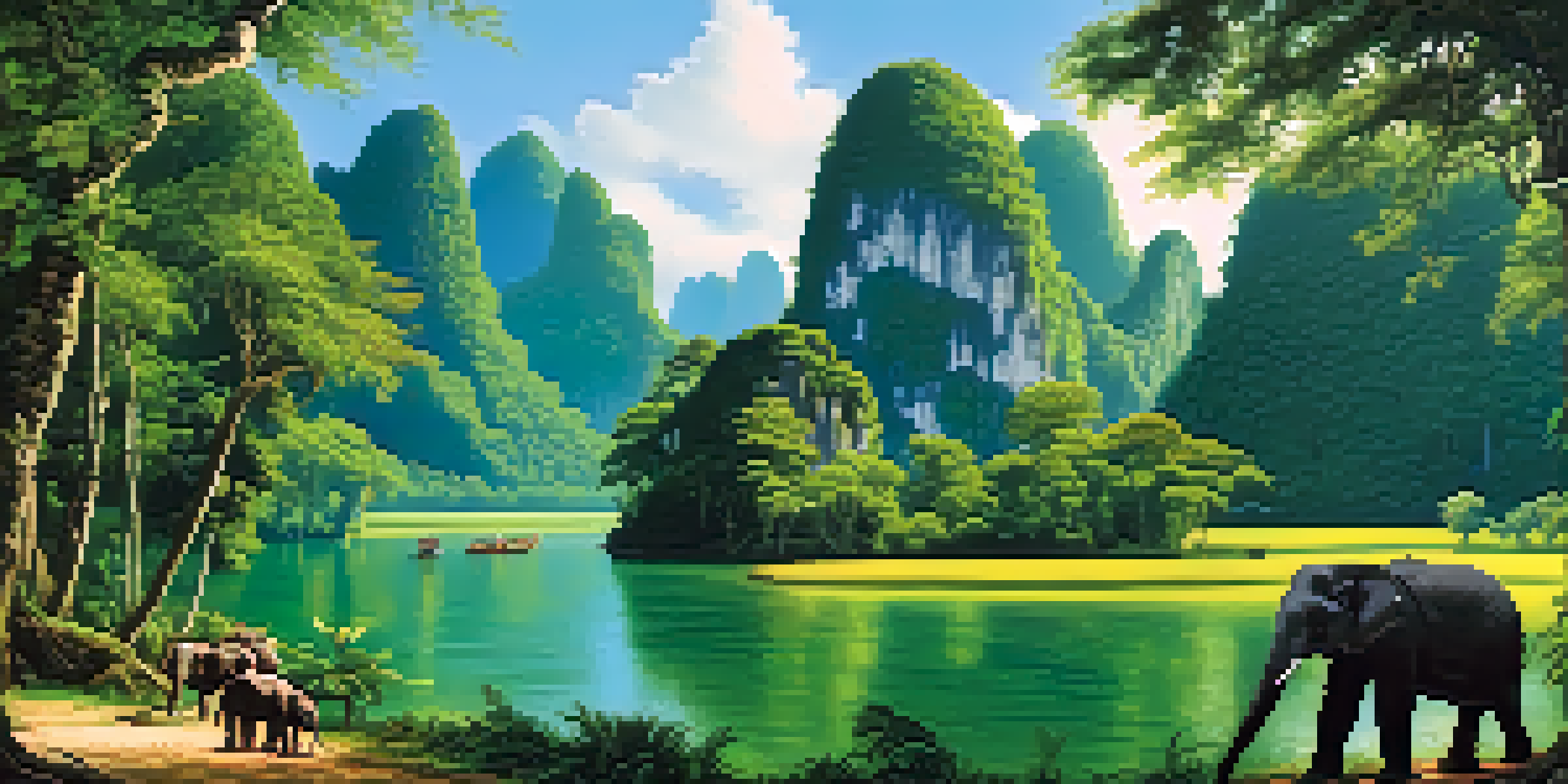 A tranquil landscape of Khao Sok National Park with lush rainforests, limestone cliffs, and wild elephants in a river setting.
