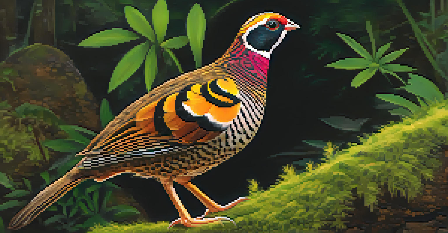 A close-up of a bamboo partridge sitting on a mossy rock in Doi Inthanon National Park, showcasing its colorful feathers.
