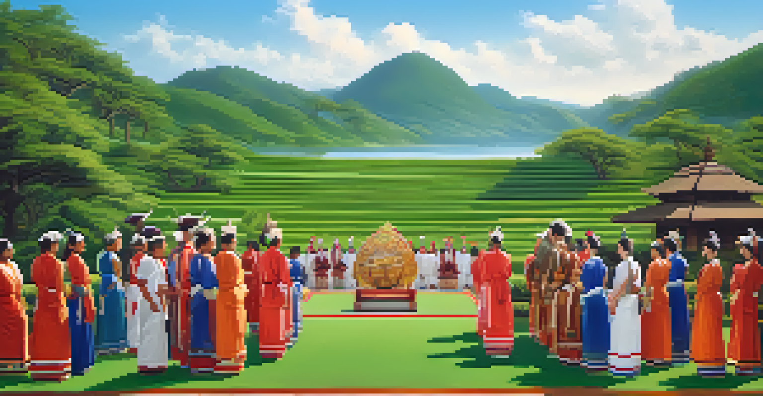 A tranquil landscape showing a traditional ceremony with participants in colorful attire against a lush green backdrop.