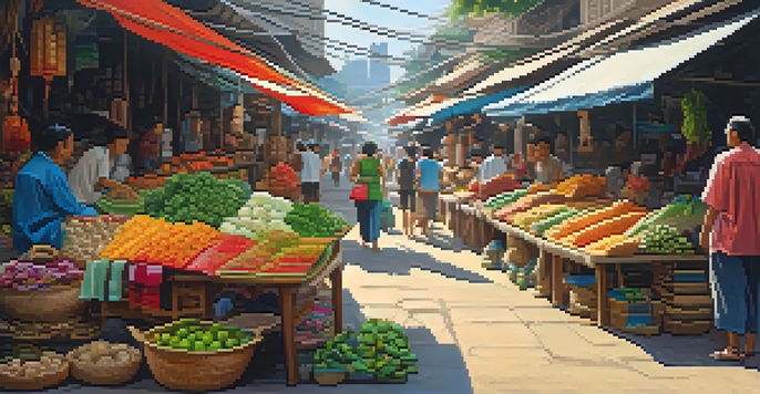 A lively Thai bazaar with colorful stalls and shoppers engaging with vendors, showcasing fresh produce and handmade crafts.