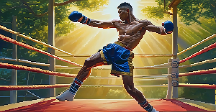 A Muay Thai fighter executing a high kick during training at an outdoor camp, with a sunset background and lush greenery.