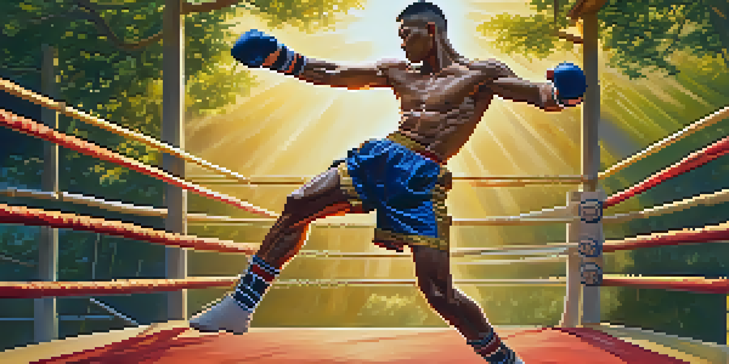 A Muay Thai fighter executing a high kick during training at an outdoor camp, with a sunset background and lush greenery.