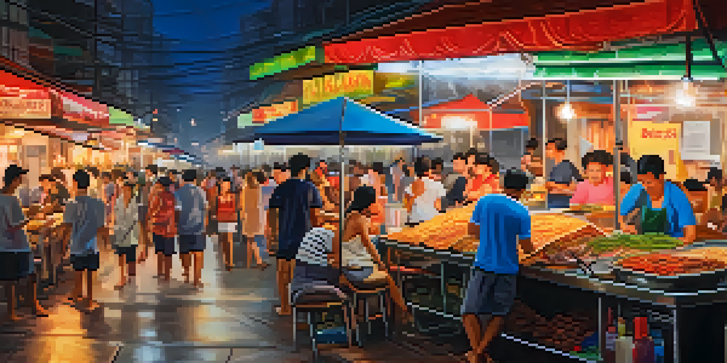 A bustling night market in Bangkok filled with colorful food stalls and people enjoying Thai street food.