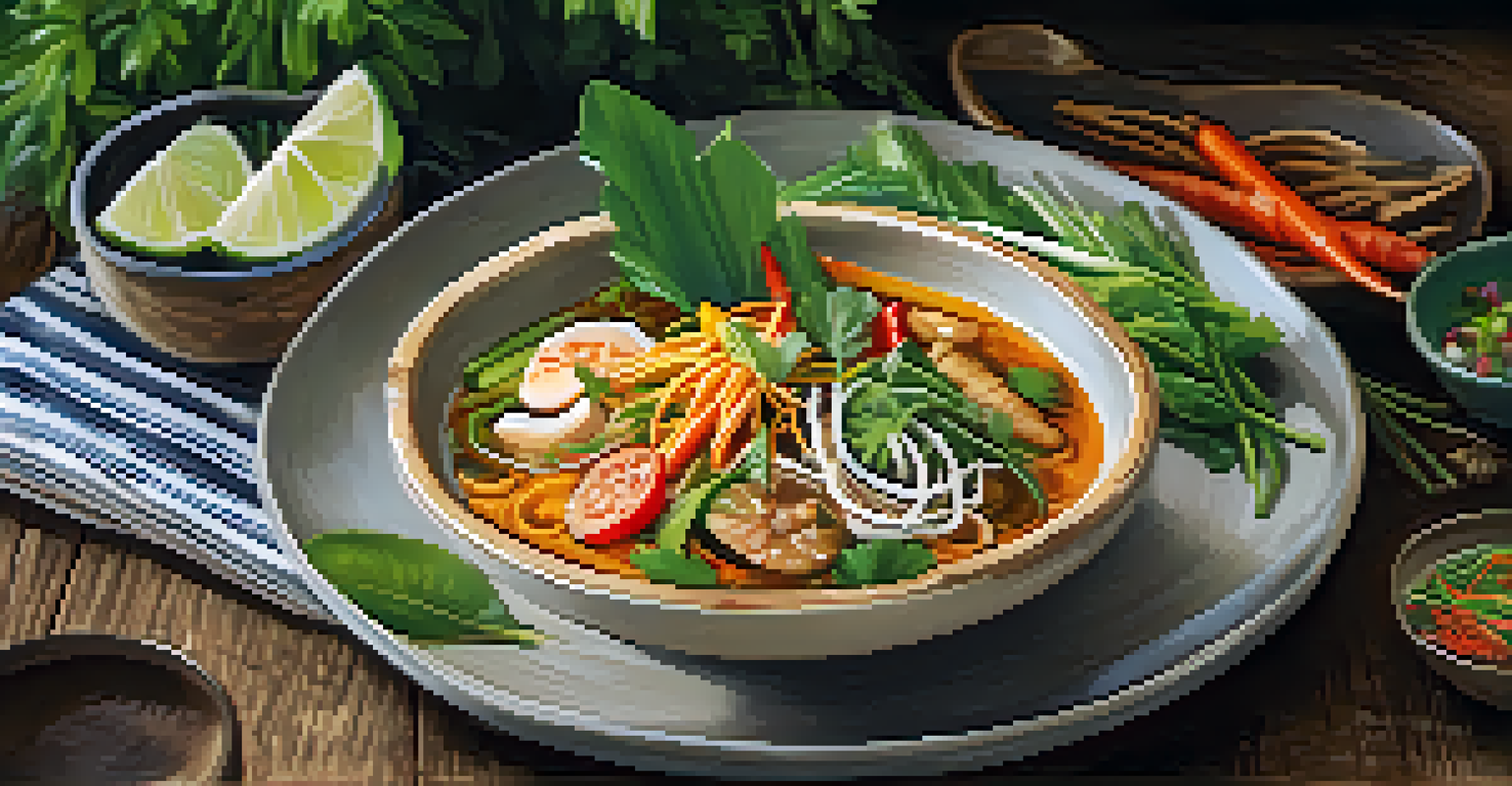 A beautifully arranged traditional Thai dish with vibrant colors and fresh ingredients on a wooden table.