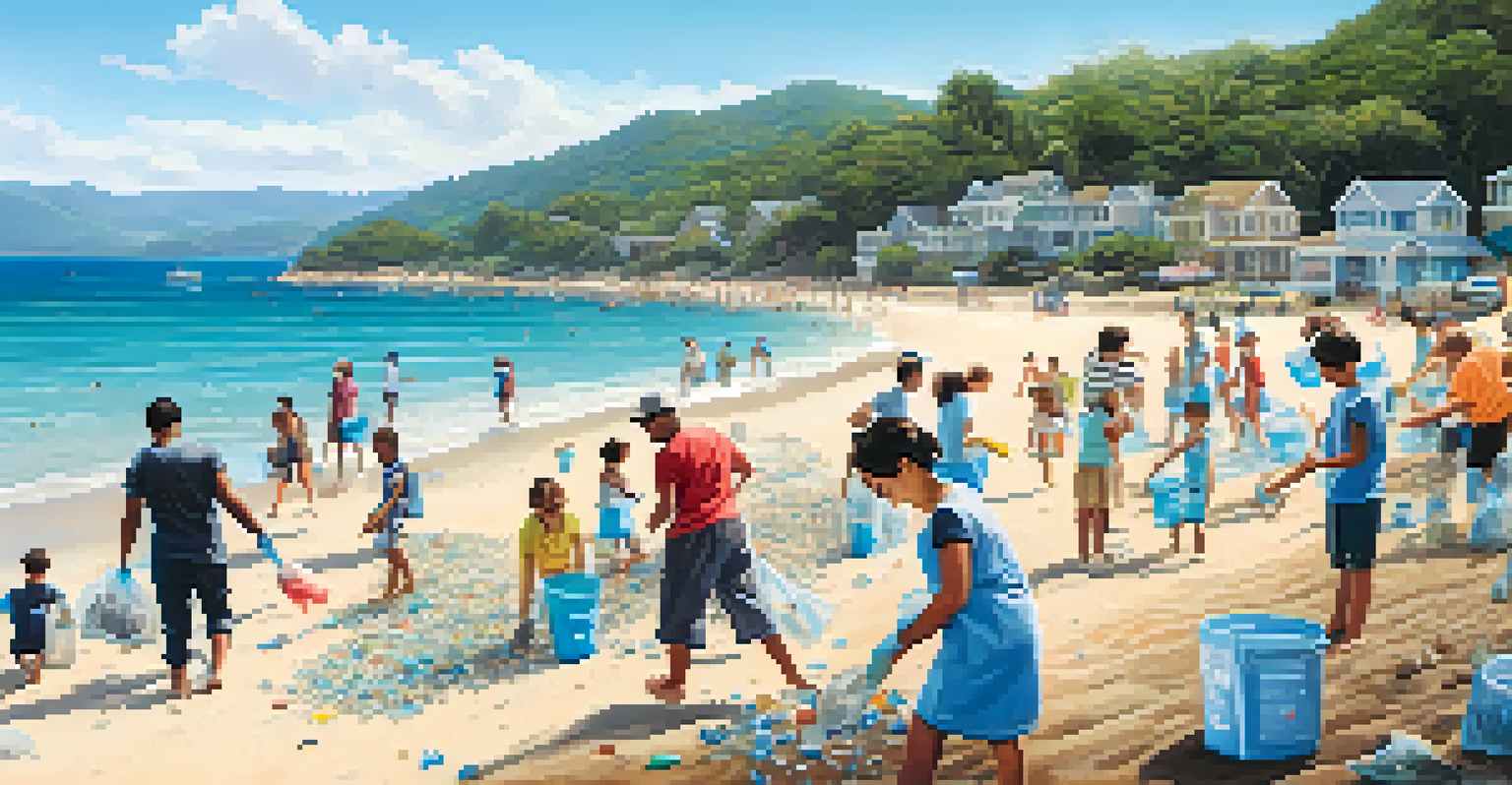 Local residents participating in a beach clean-up effort on a beautiful beach, collecting plastic waste to protect marine life.