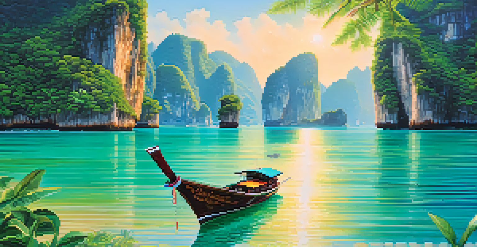 A long-tail boat in clear waters near a tropical island, surrounded by lush green cliffs and a bright blue sky.