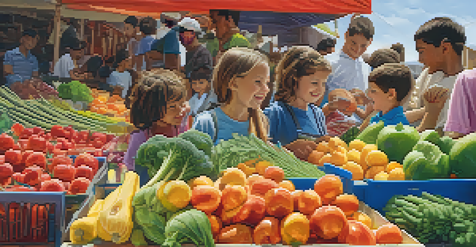 Children joyfully selecting colorful fruits and vegetables at a local market, showcasing their engagement and curiosity.