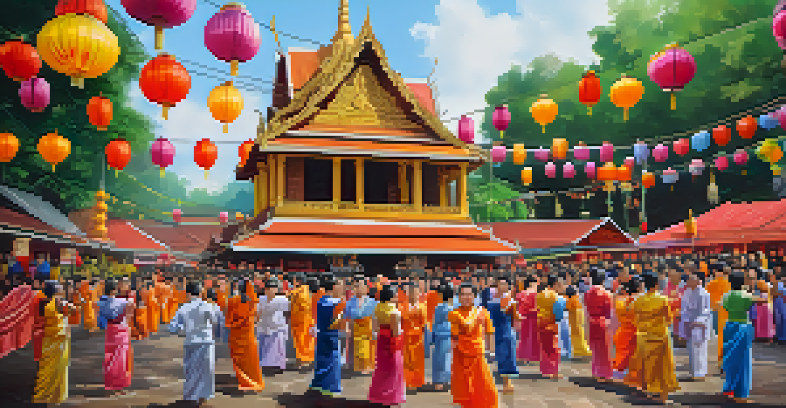 A lively temple festival in Thailand with people in colorful attire celebrating, surrounded by lanterns and decorations.