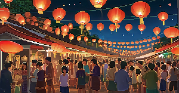 A night scene depicting the Yi Peng Lantern Festival with numerous glowing lanterns in the sky and people gathered below, creating a festive atmosphere.