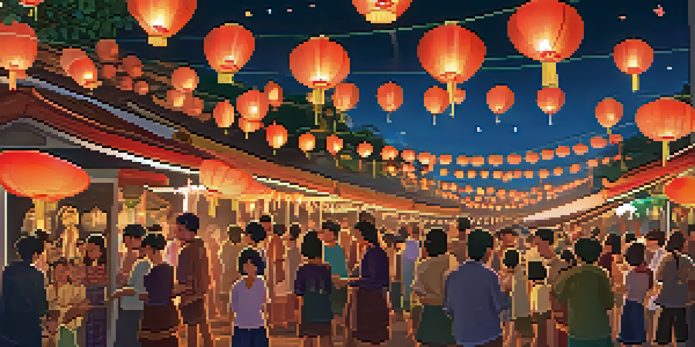 A night scene depicting the Yi Peng Lantern Festival with numerous glowing lanterns in the sky and people gathered below, creating a festive atmosphere.