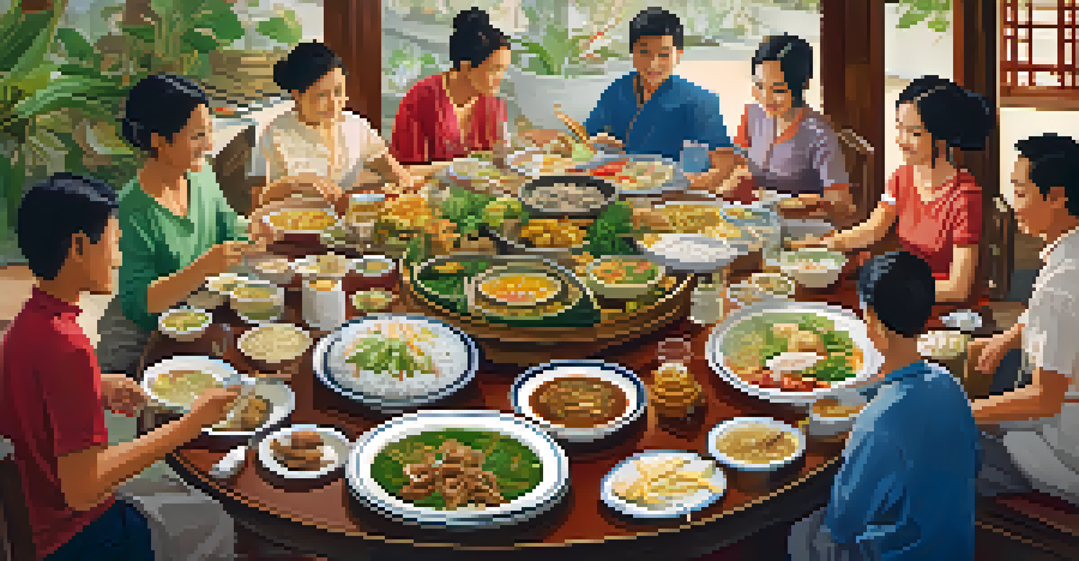 A round table filled with various Thai dishes, with family and friends happily serving themselves and enjoying a communal meal.