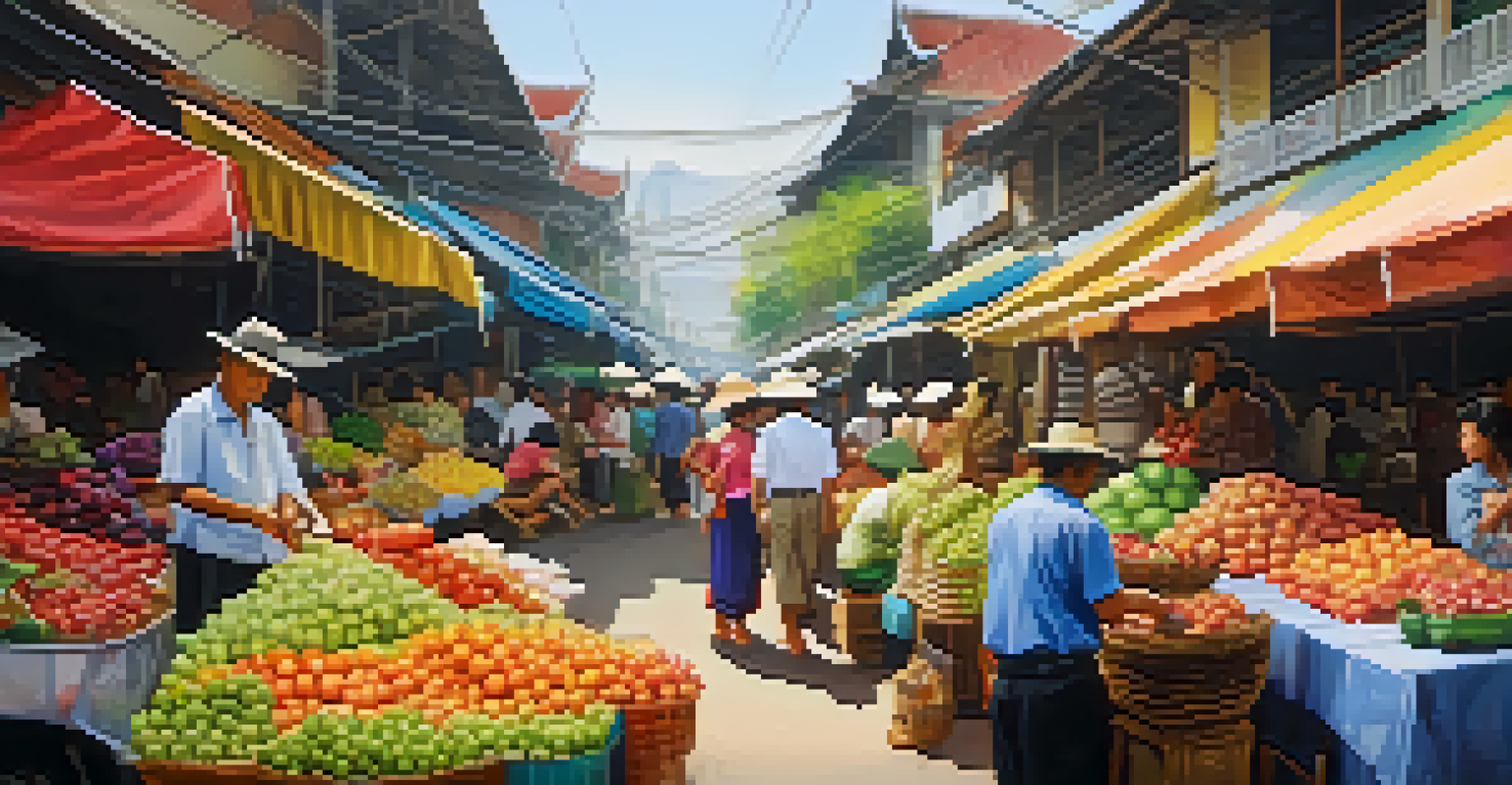 A bustling Thai market filled with colorful fruits, flowers, and crafts, with locals chatting under warm afternoon light.