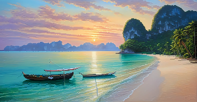 A tranquil hidden beach in Krabi with white sand, clear water, and palm trees at sunset.