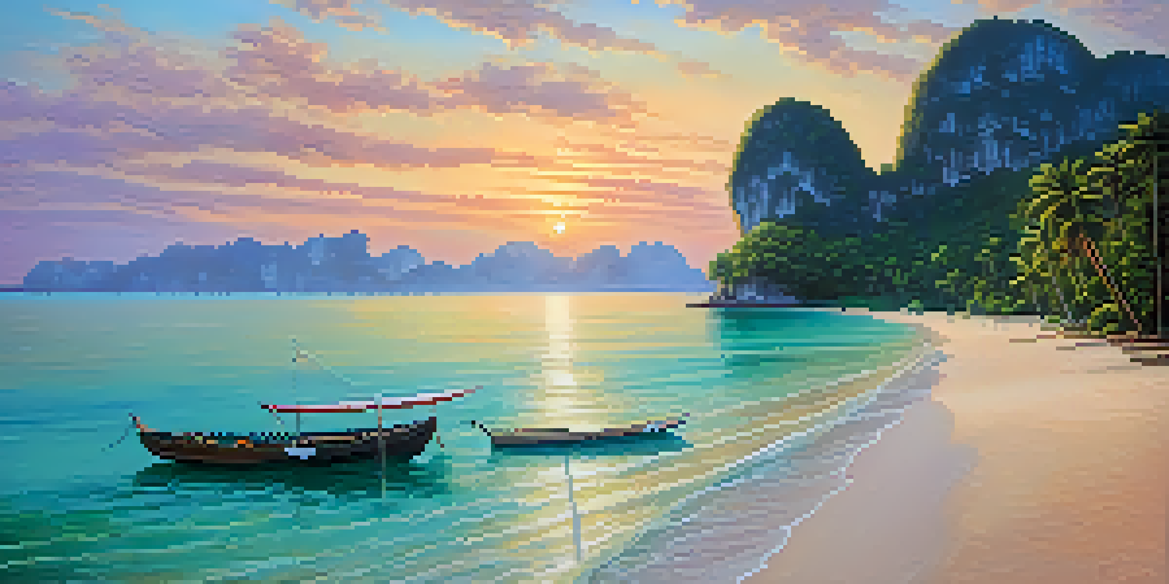 A tranquil hidden beach in Krabi with white sand, clear water, and palm trees at sunset.