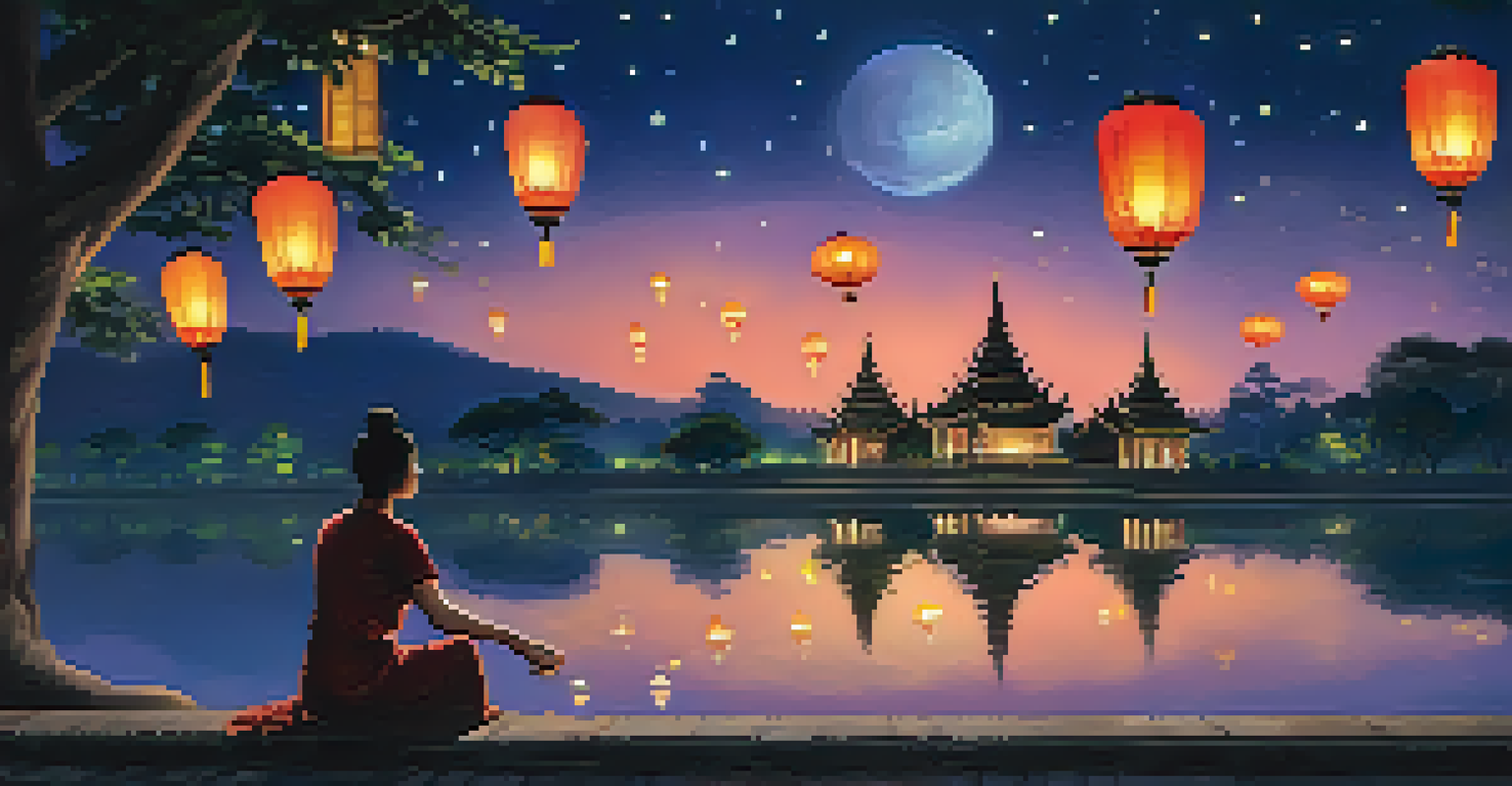A couple releasing lanterns into the night sky in Chiang Mai, with temples illuminated in the background.