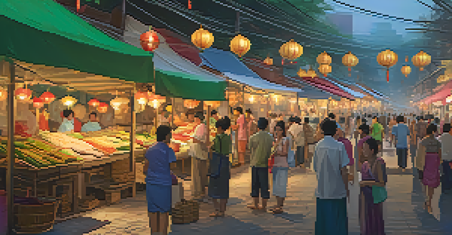 A vibrant street market during the Candle Festival showcasing local Thai food and crafts with visitors engaging with vendors.