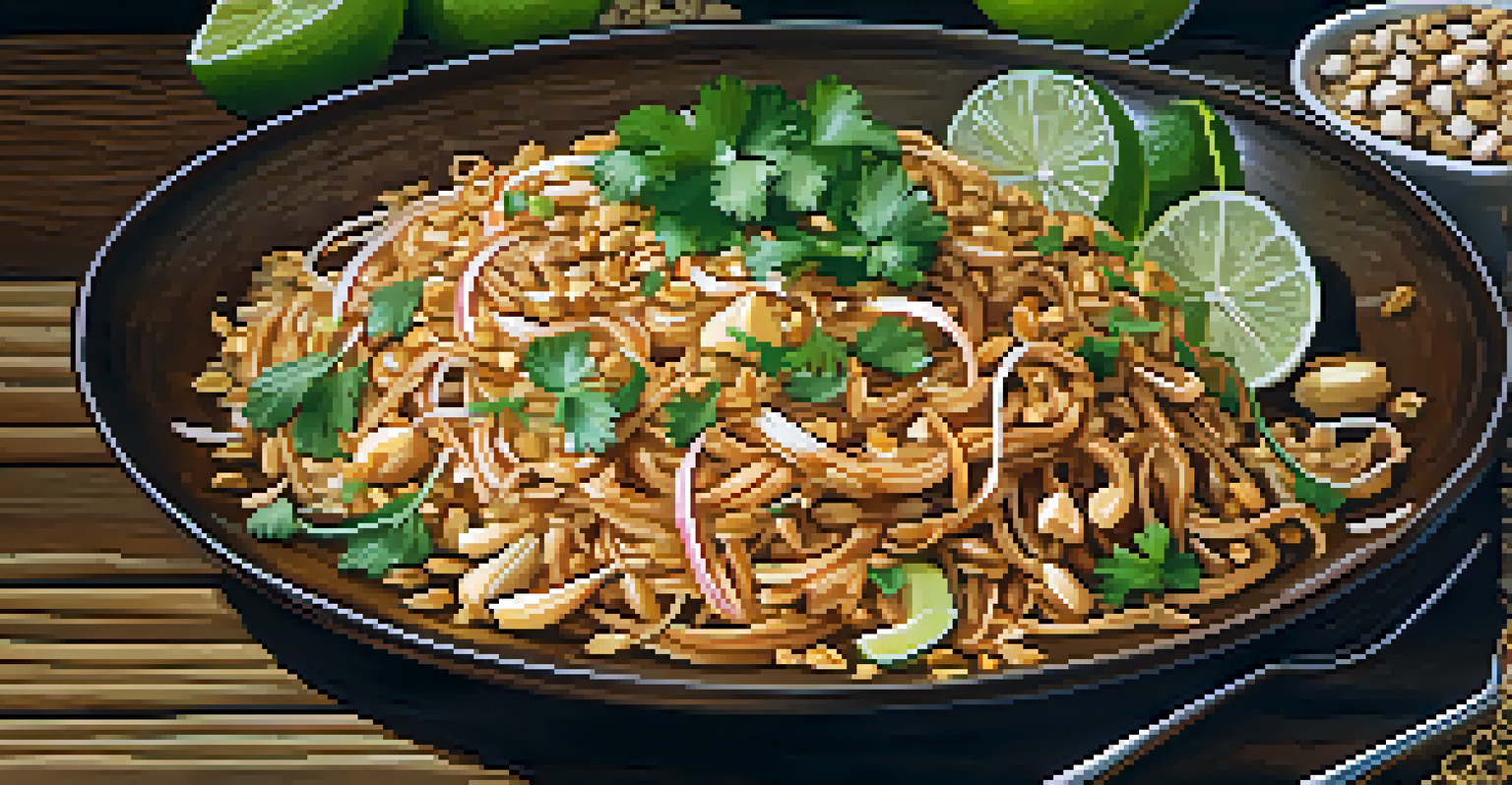 A beautifully plated Pad Thai dish on a wooden table, garnished with lime wedges and fresh herbs, highlighting its vibrant colors.