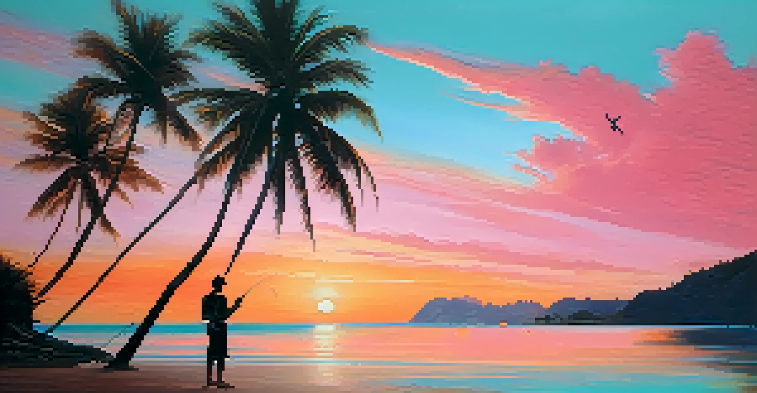 A beautiful beach in Thailand at sunset, with a diver getting ready to enter the water and palm trees in the foreground.