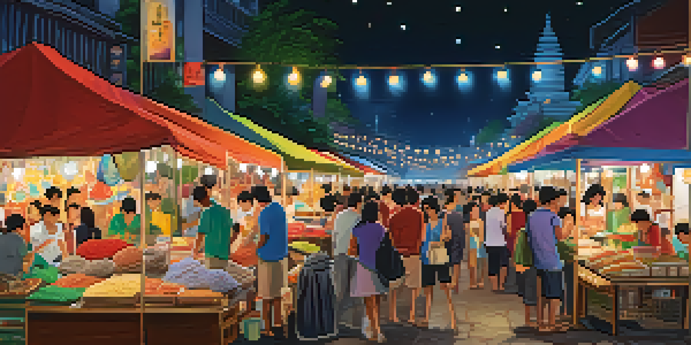 A vibrant night market in Thailand with colorful stalls and warm lighting, filled with people shopping and enjoying the atmosphere.