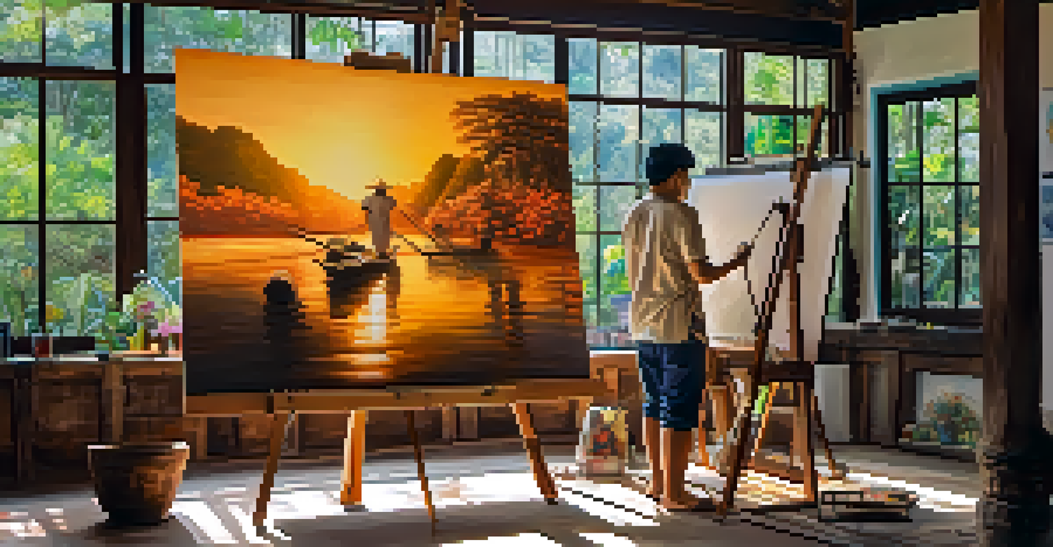 An artist in Chiang Mai's studio, creating a canvas that combines traditional and digital art techniques, surrounded by colorful art supplies.