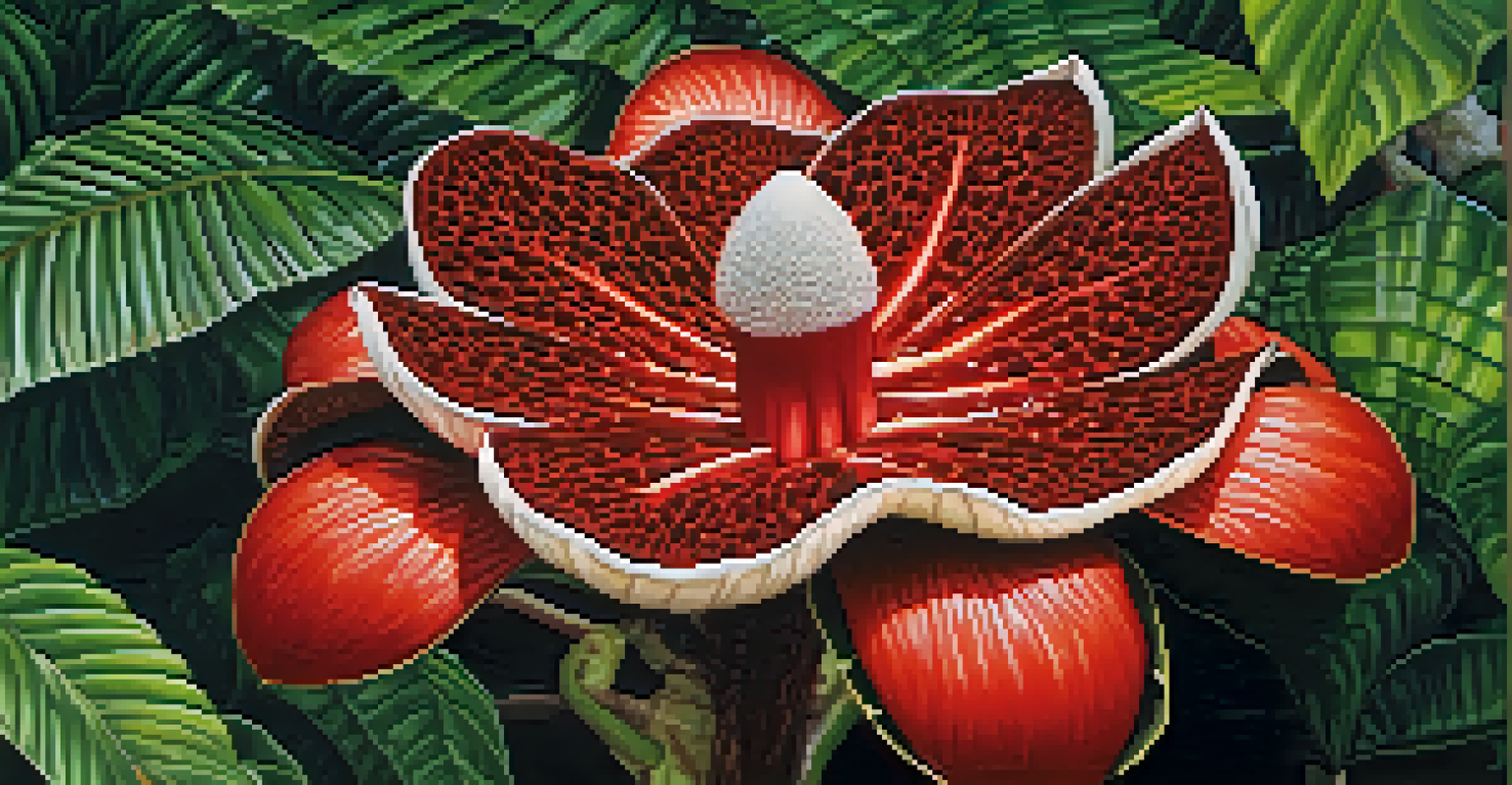 A close-up of the Rafflesia arnoldii flower with red petals and white spots, surrounded by green plants in its natural habitat.