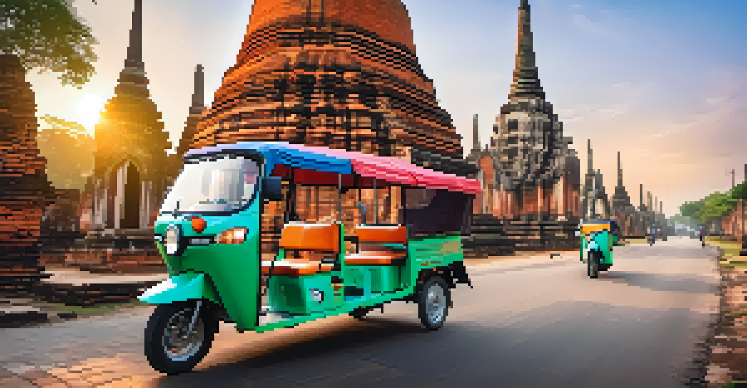 An electric tuk-tuk in front of ancient temple ruins in Ayutthaya during golden hour.