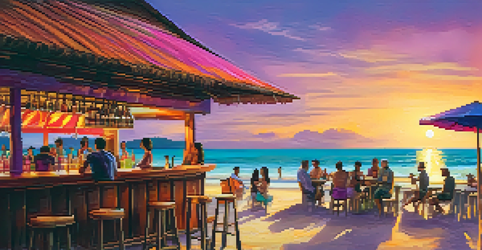 A lively beach bar scene at sunset with colorful cocktails and people socializing, set against a backdrop of a colorful sunset over the ocean.