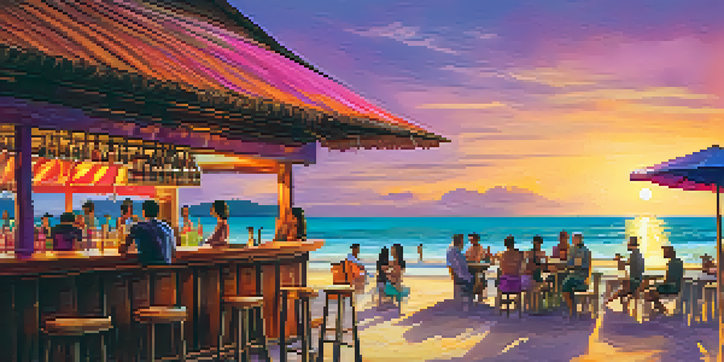 A lively beach bar scene at sunset with colorful cocktails and people socializing, set against a backdrop of a colorful sunset over the ocean.
