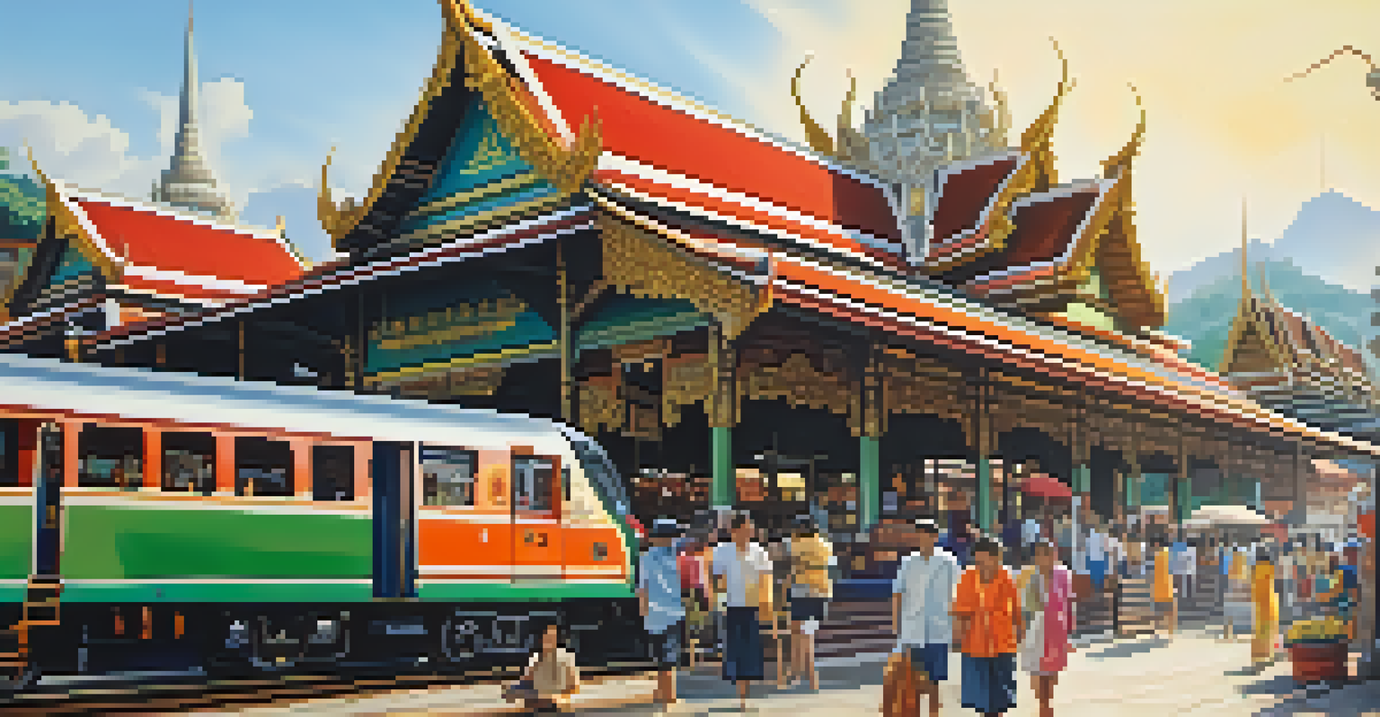 A busy Thai train station with traditional architecture, travelers, and market stalls under bright sunlight.