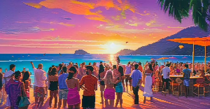 A lively beach party at sunset with people dancing on the sand, colorful lights, and a DJ booth in the background.