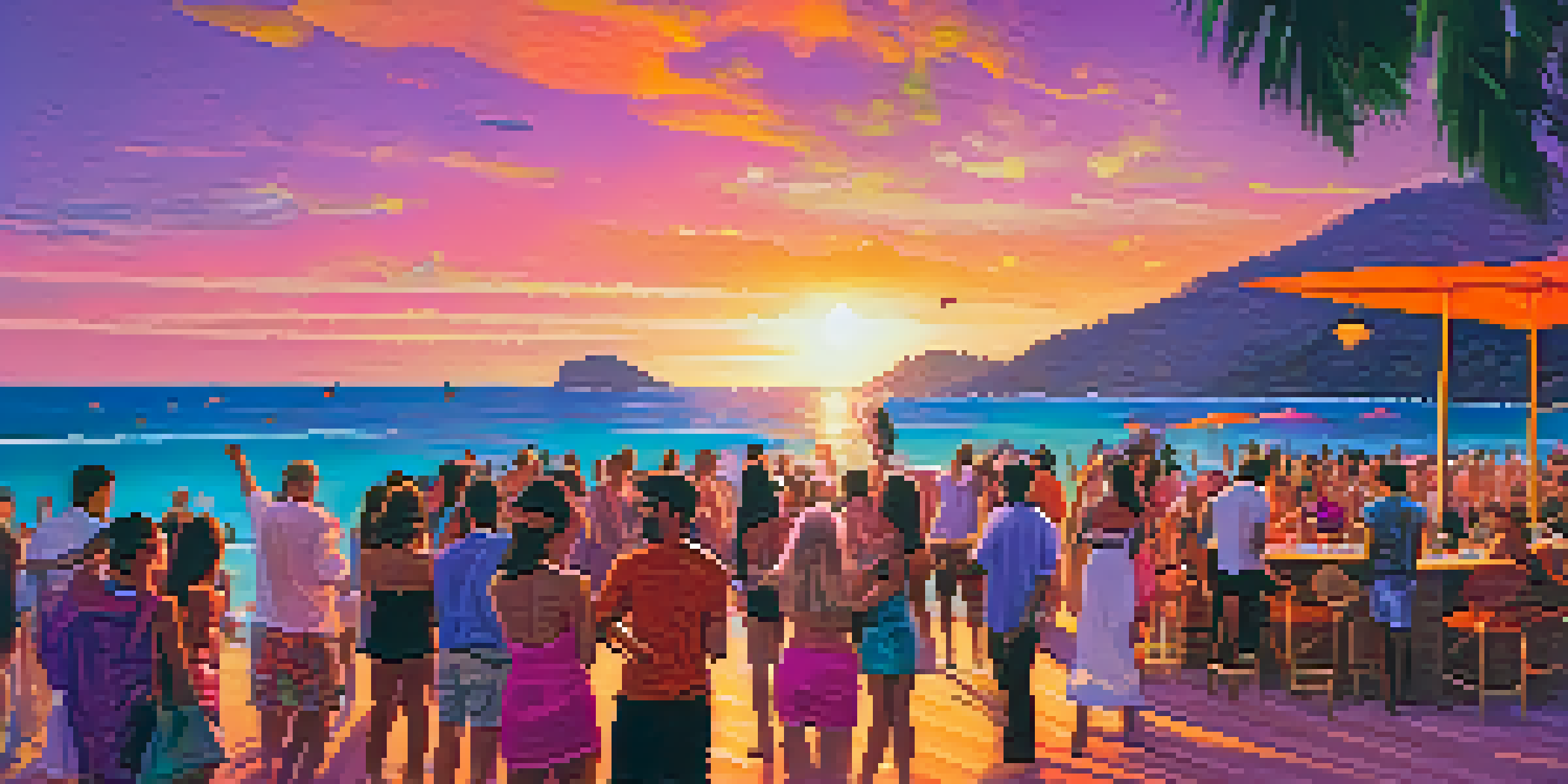 A lively beach party at sunset with people dancing on the sand, colorful lights, and a DJ booth in the background.