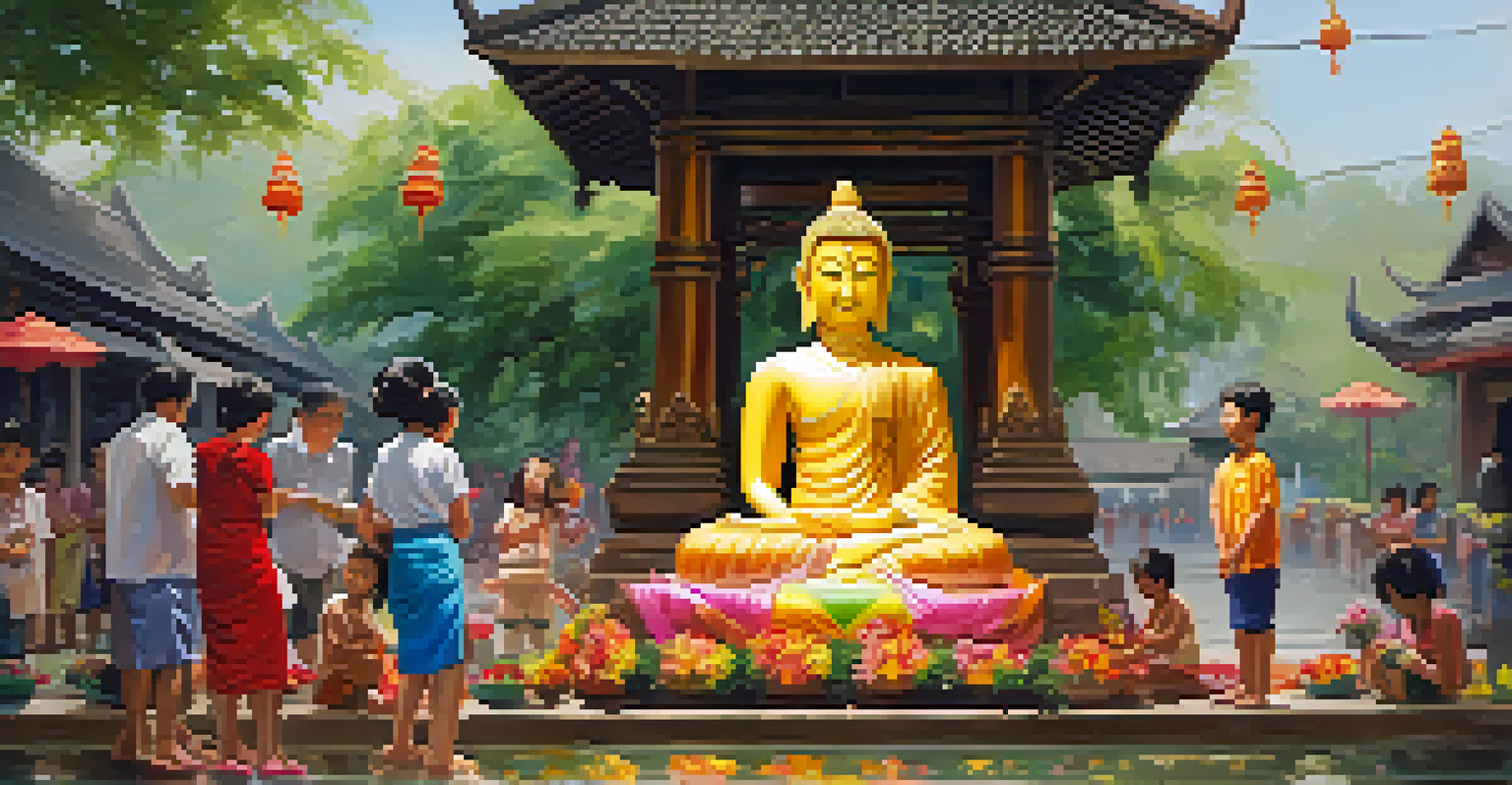 A family pouring water over a Buddha statue in a tranquil temple setting during Songkran, surrounded by flowers.