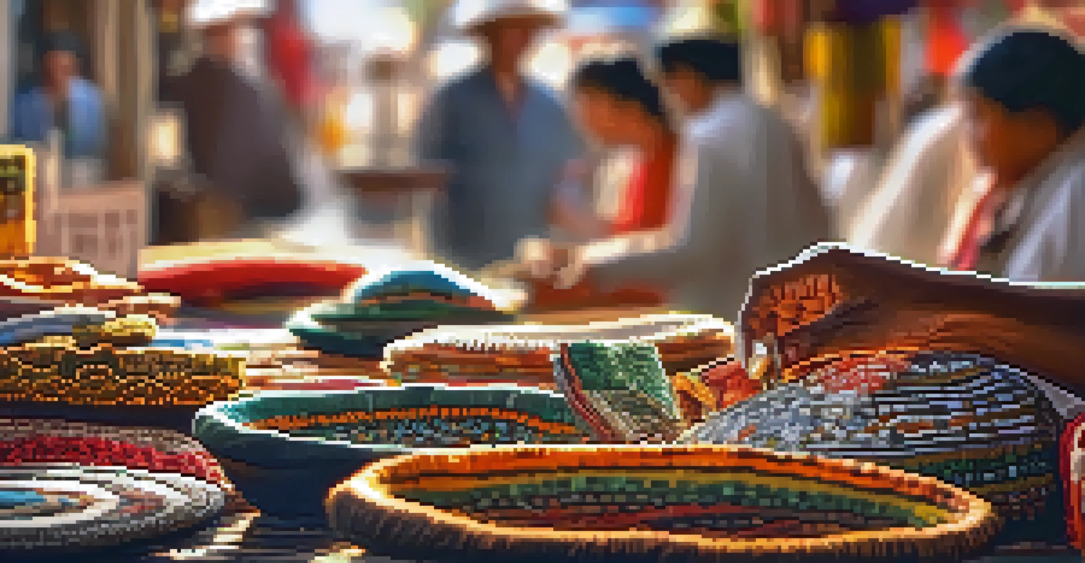 A vendor's hands showcasing handmade crafts with intricate details in a lively Thai market setting.