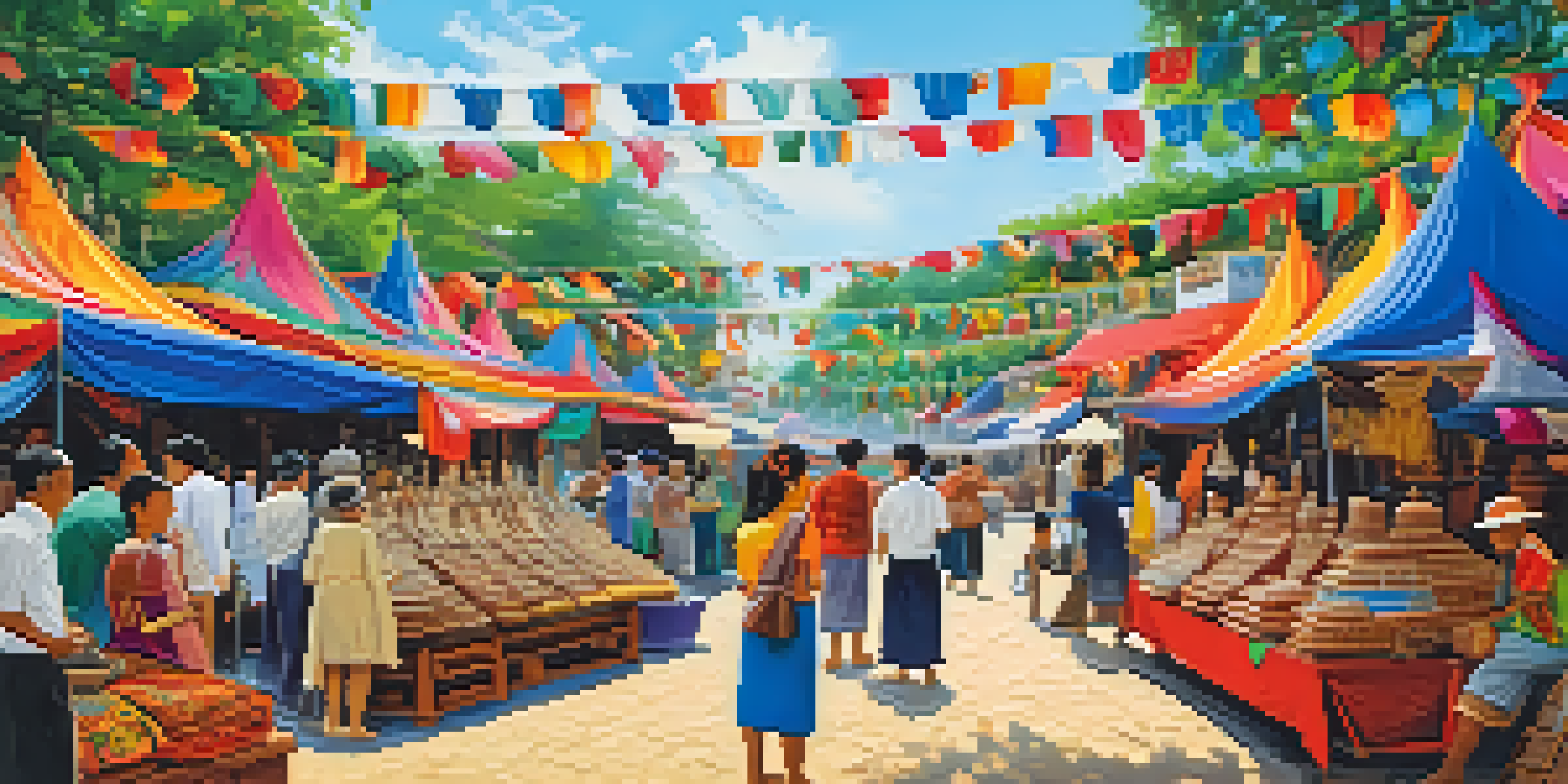 A lively Thai art and craft fair with artisans displaying handmade crafts and colorful textiles, surrounded by traditional architecture and bright banners.