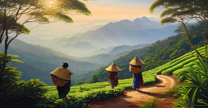 A picturesque hiking trail in Doi Inthanon National Park, featuring local villagers in traditional dress and misty mountains in the background.