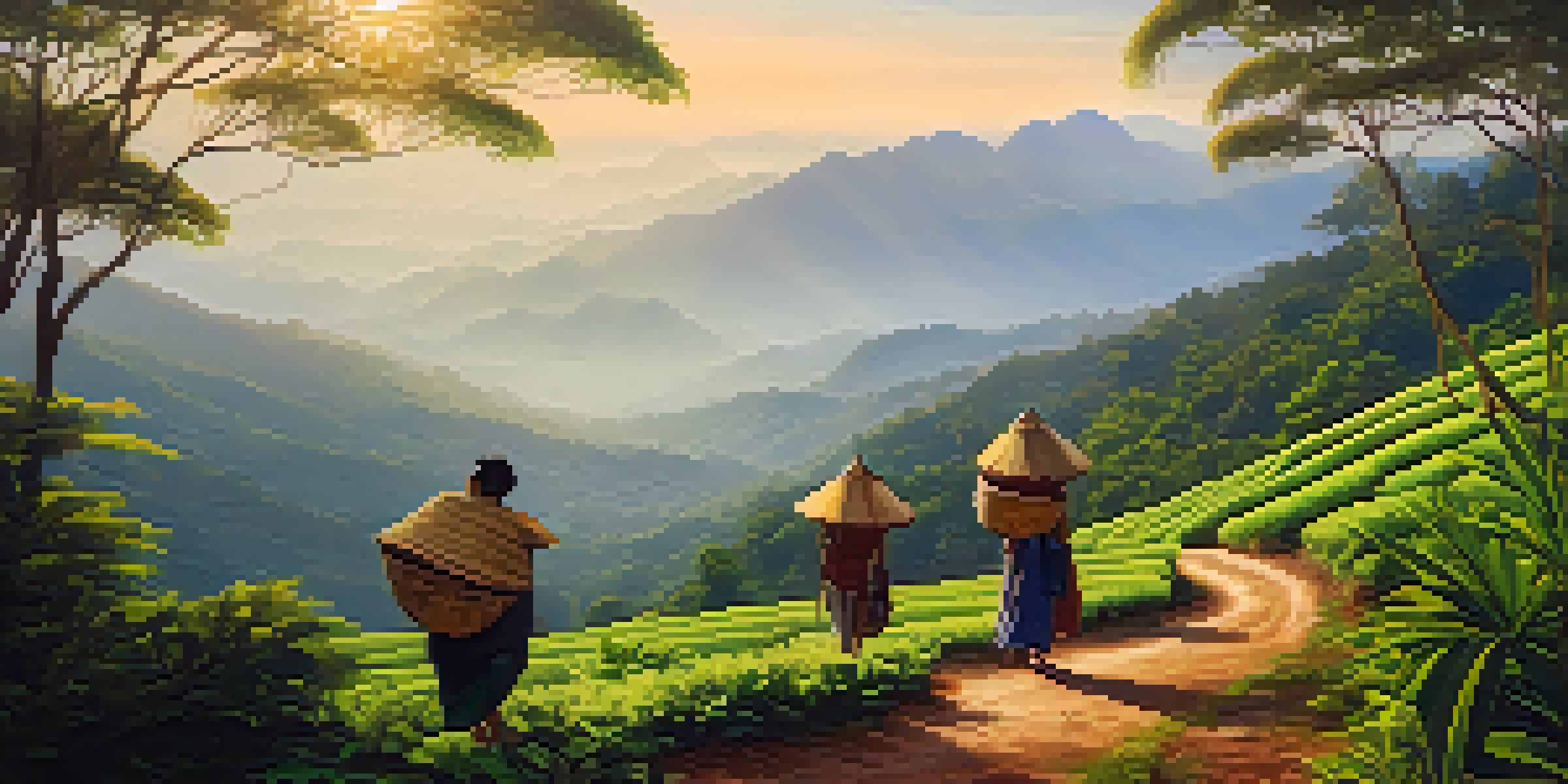 A picturesque hiking trail in Doi Inthanon National Park, featuring local villagers in traditional dress and misty mountains in the background.