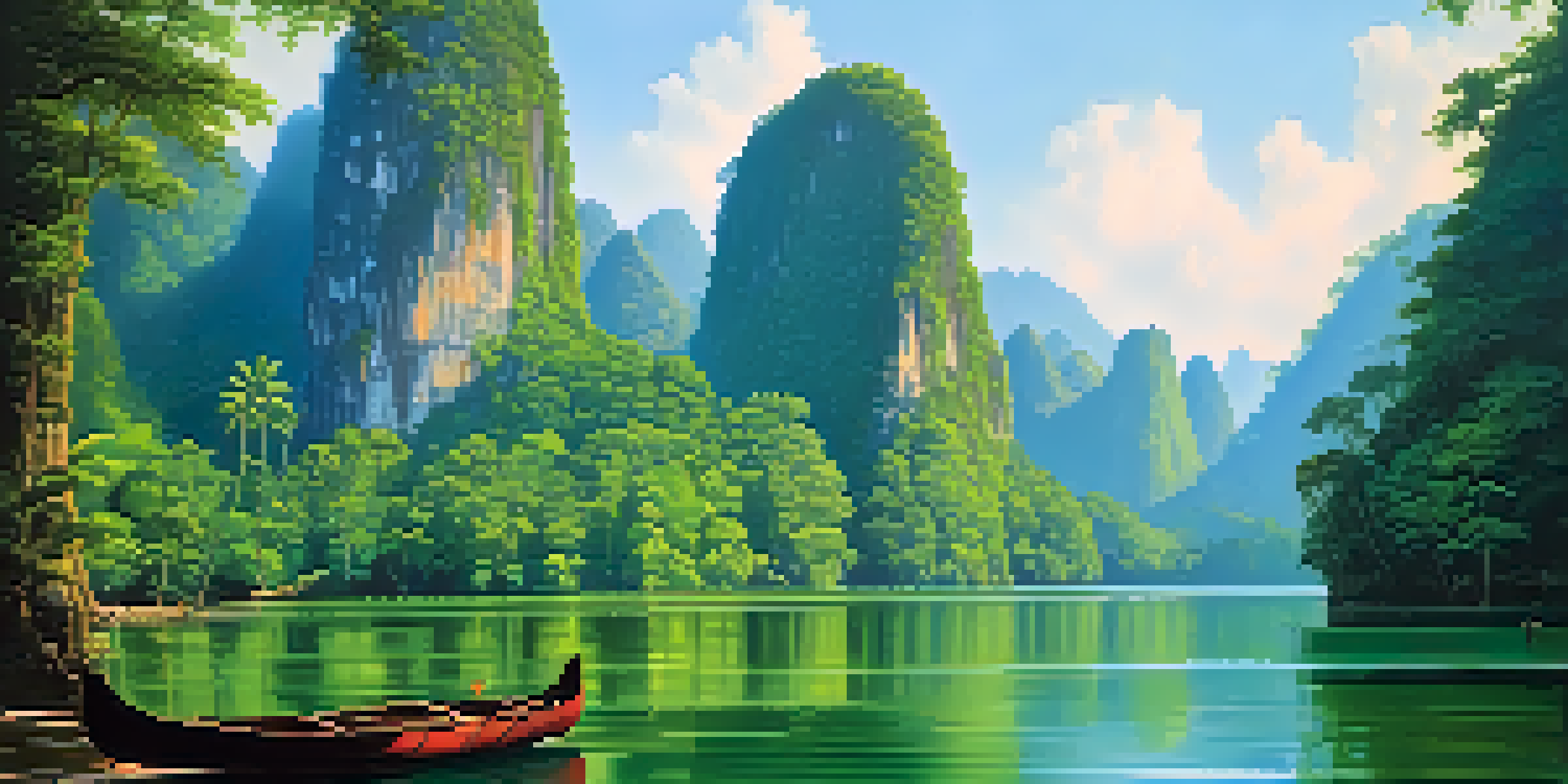 A beautiful view of Khao Sok National Park with limestone cliffs, a winding river, and a canoe under a bright sky.