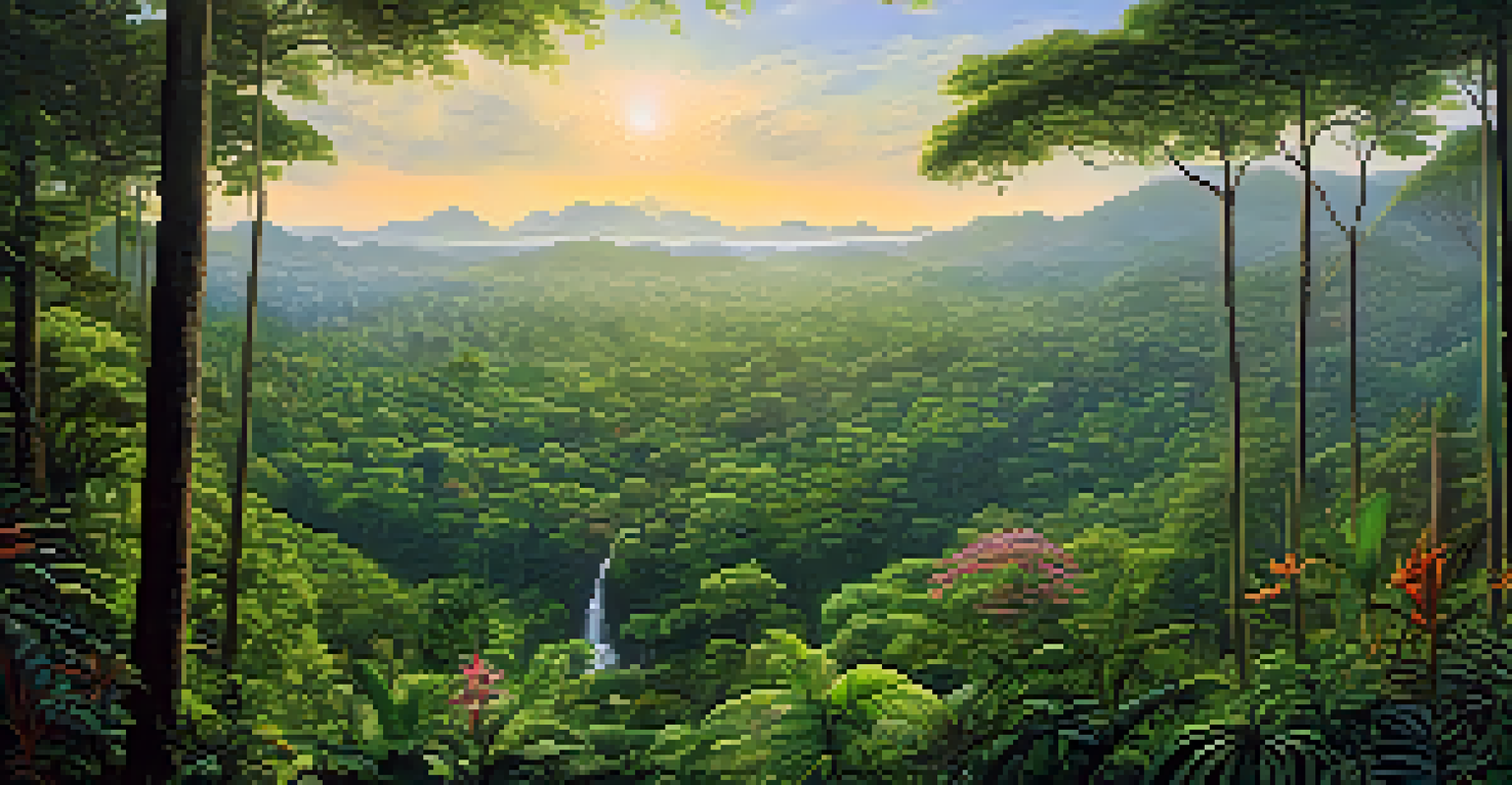 A lush tropical rainforest in Dong Phayayen-Khao Yai Forest Complex with a winding trail and vibrant flowers.