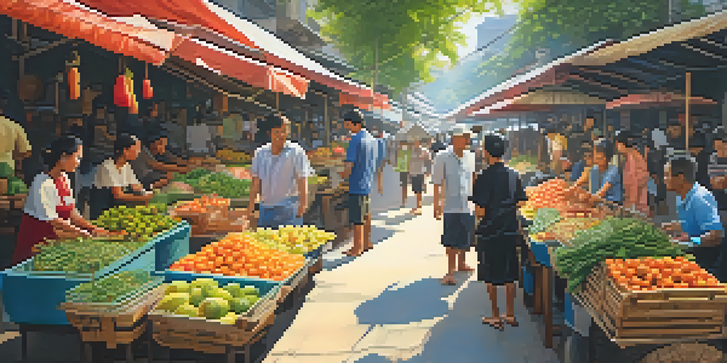 A lively street market in Thailand with colorful food stalls and people interacting under warm sunlight.
