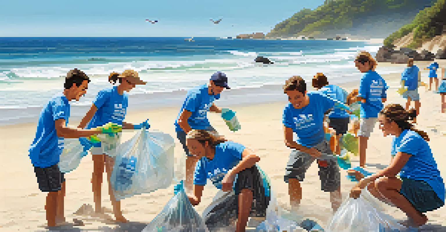 Volunteers cleaning a beach, collecting plastic waste with enthusiasm, set against a beautiful ocean backdrop.