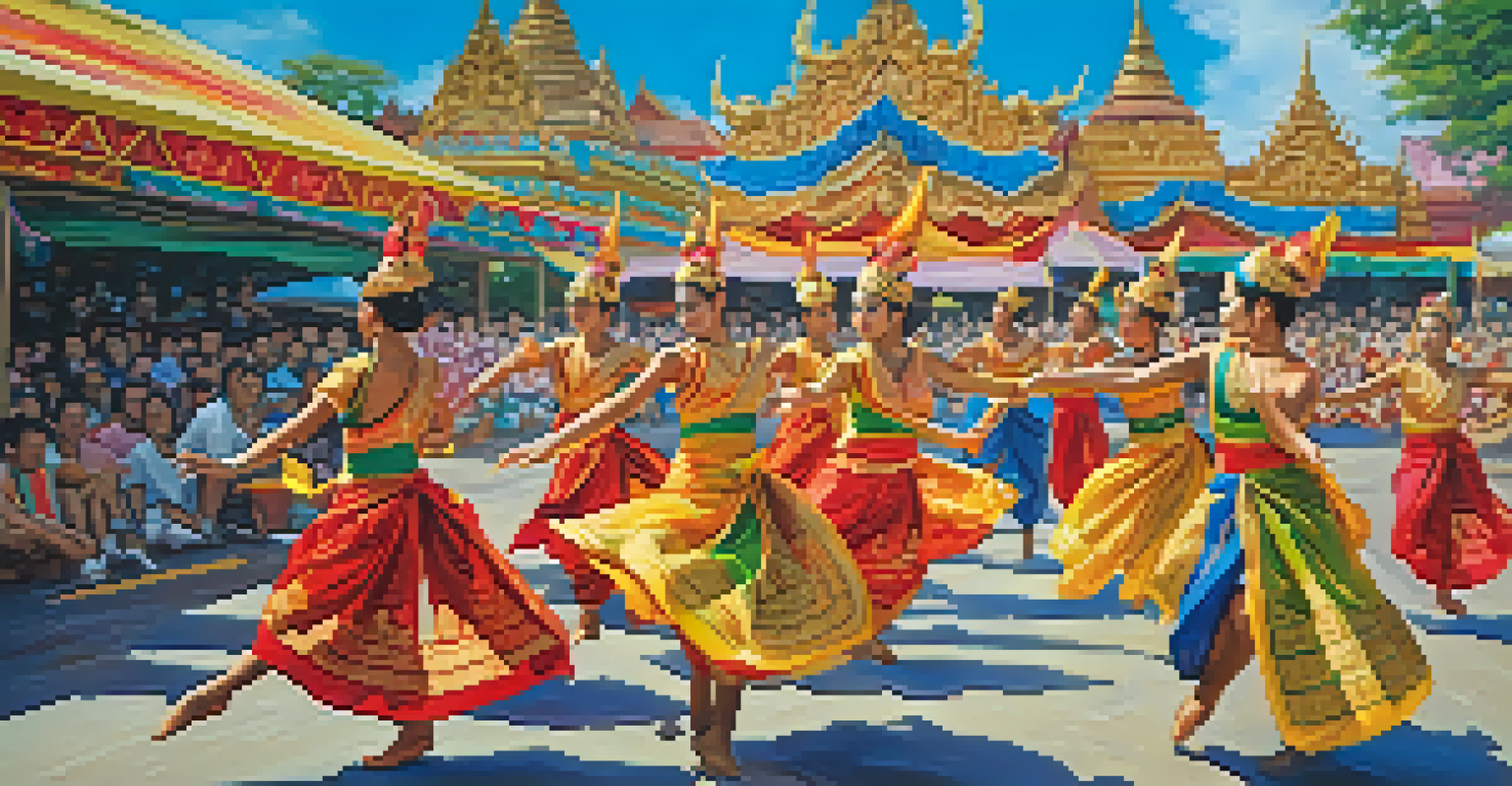 A group of Thai dancers performing at a festival, displaying colorful costumes and dynamic movements, with an audience in the background.