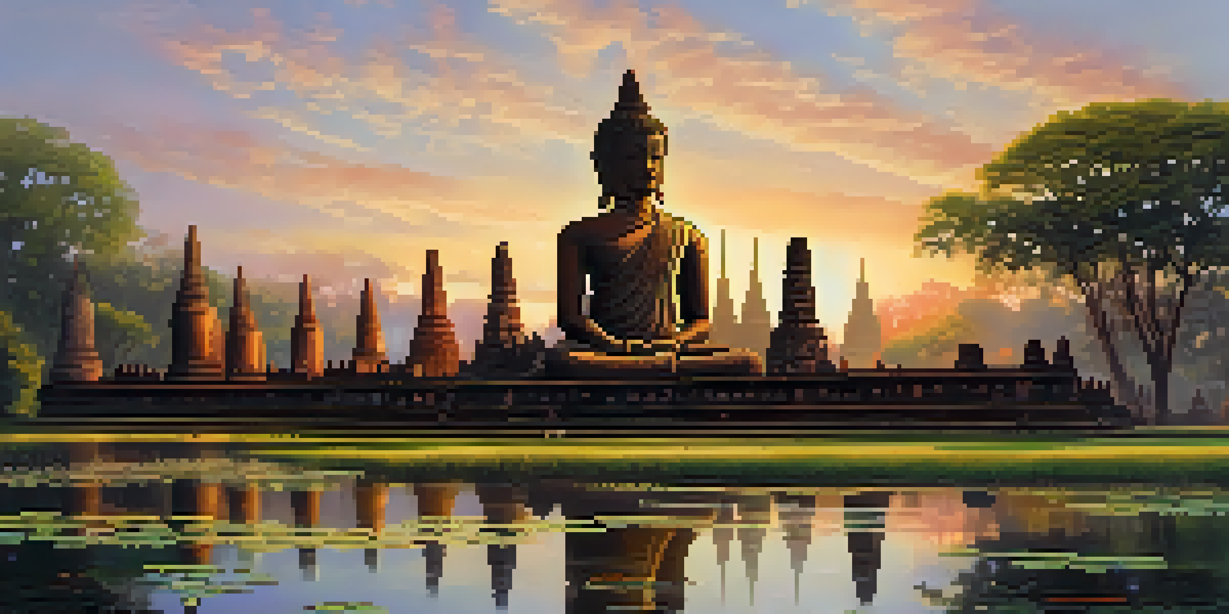 A beautiful sunrise at Sukhothai Historical Park, highlighting ancient Buddha statues and lotus ponds.